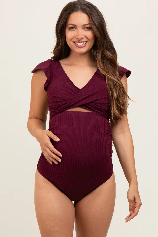 Plus Size Women's Ruffled Hem One - Pieces in Pink for a Feminine and Flirty Summer OutfitPlum Ribbed Ruched Cutout Flutter One Piece Maternity Swimsuit Plus Size Women's Ruffled Hem One - Pieces in Pink for a Feminine and Flirty Summer OutfitPlum Ribbed Ruched Cutout Flutter One Piece Maternity Swimsuit