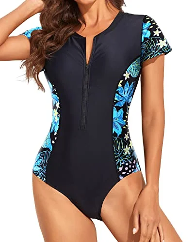 Women's Sleeveless One - Pieces in Yellow with Floral Appliques for a Cheerful and Spring - Like LookWomens Short Sleeve Rash Guard One Piece Swimsuit Zip Up Bathing Suit-Tropical Leaves Women's Sleeveless One - Pieces in Yellow with Floral Appliques for a Cheerful and Spring - Like LookWomens Short Sleeve Rash Guard One Piece Swimsuit Zip Up Bathing Suit-Tropical Leaves