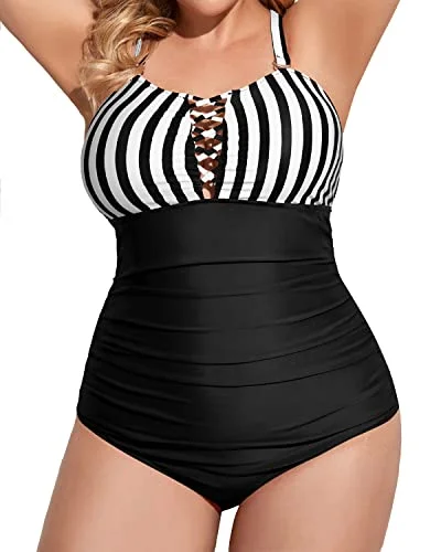 Plus Size Women's Ruffled Hem One - Pieces in Pink for a Feminine and Flirty Summer OutfitPlus Size One Piece Swimsuits Deep V Neck Ruched Lace Up Swimwear-Black And White Stripe Plus Size Women's Ruffled Hem One - Pieces in Pink for a Feminine and Flirty Summer OutfitPlus Size One Piece Swimsuits Deep V Neck Ruched Lace Up Swimwear-Black And White Stripe