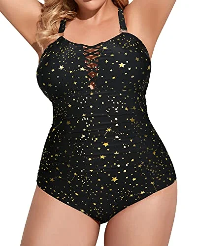 Women's Plaid Patterned One - Pieces in Red and Black for a Classic Fall LookRuched Adjustable Shoulder Straps Tummy Control Plus Size Swimsuits-Gold Stars Women's Plaid Patterned One - Pieces in Red and Black for a Classic Fall LookRuched Adjustable Shoulder Straps Tummy Control Plus Size Swimsuits-Gold Stars