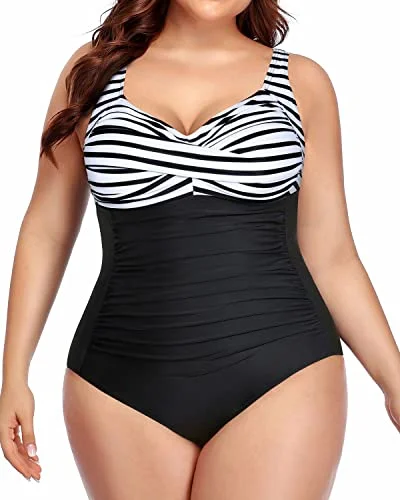 Plus Size Women's Ruffled Hem One - Pieces in Pink for a Feminine and Flirty Summer OutfitTummy Control Retro One Piece Swimsuits Vintage Plus Size Swimwear-Black And White Stripe Plus Size Women's Ruffled Hem One - Pieces in Pink for a Feminine and Flirty Summer OutfitTummy Control Retro One Piece Swimsuits Vintage Plus Size Swimwear-Black And White Stripe