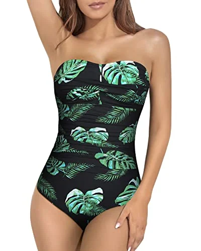 Women's Cut - Out One - Pieces in Black with Geometric Shapes for a Modern and Edgy StyleWomen's Strapless Bandeau Bathing Suit Tummy Control One Piece Swimsuit-Black And Green Leaf Women's Cut - Out One - Pieces in Black with Geometric Shapes for a Modern and Edgy StyleWomen's Strapless Bandeau Bathing Suit Tummy Control One Piece Swimsuit-Black And Green Leaf